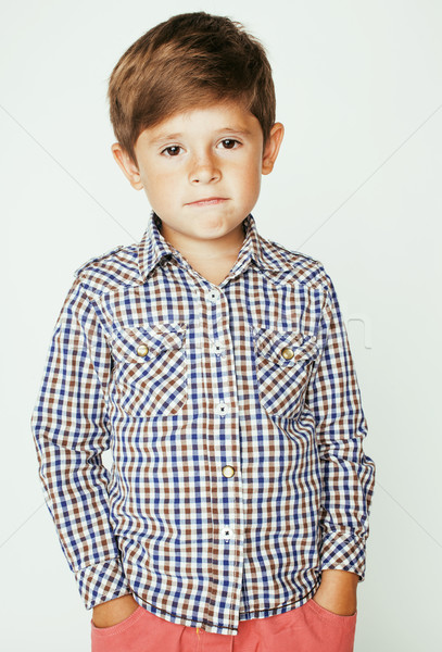young pretty little cute boy kid wondering, posing emotional face isolated on white background, gest Stock photo © iordani