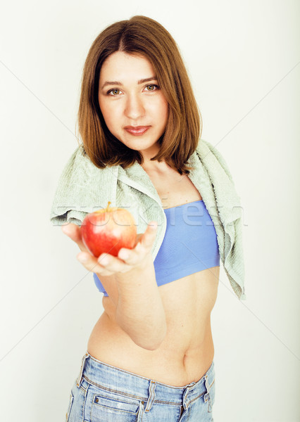 portrait of young smiling girl with red apple and towel, sport lifestyle people concept Stock photo © iordani