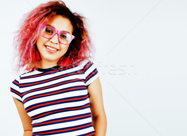 young happy smiling mulatto latin american teenage girl emotional posing on white background, lifest Stock photo © iordani