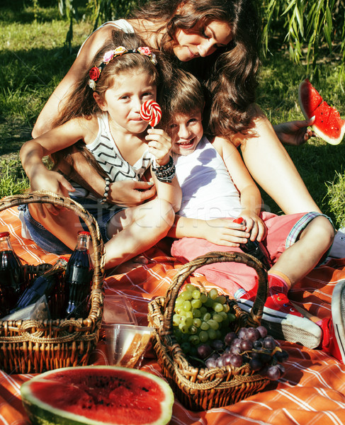 cute happy family on picnic laying on green grass mother and kids, warm summer vacations Stock photo © iordani