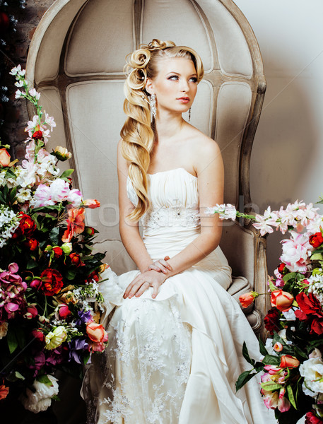 beauty emotional blond bride in luxury interior dreaming, crazy complicate hairstyle Stock photo © iordani