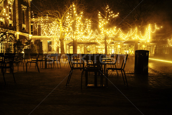 empty night restaurant, lot of tables and chairs with noone, magic fairy lights on trees like christ Stock photo © iordani