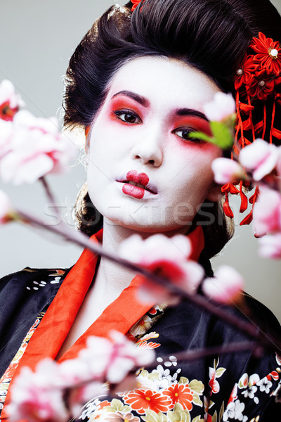 Zdjęcia stock: Młodych · dość · geisha · czarny · kimono · sakura