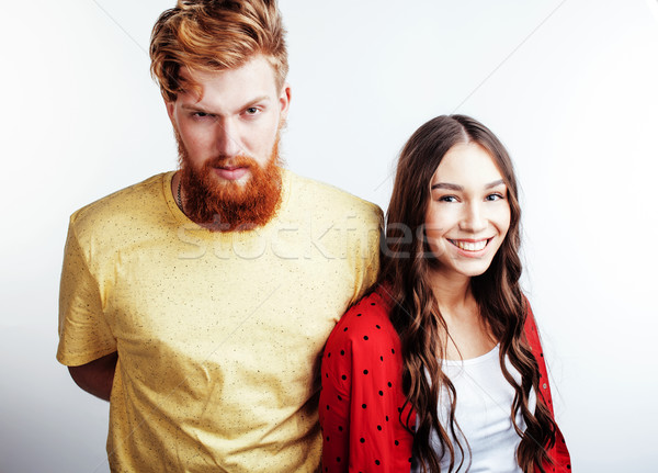 young attractive couple together having fun happy smiling isolated on white background, emotional po Stock photo © iordani