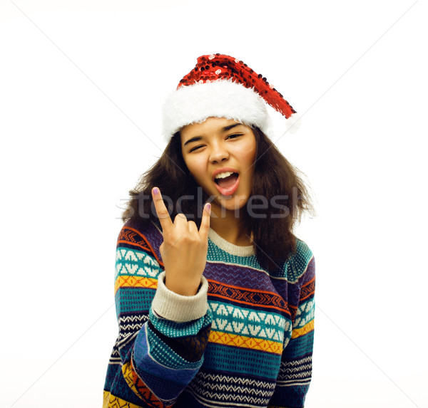 cute young real african hipster girl in santas red hat isolated  Stock photo © iordani