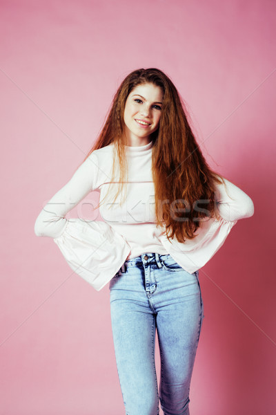 cute pretty redhair teenage girl smiling cheerful on pink background, lifestyle modern people concep Stock photo © iordani