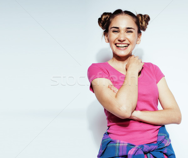 young happy smiling mulatto latin american teenage girl emotional posing on white background, lifest Stock photo © iordani