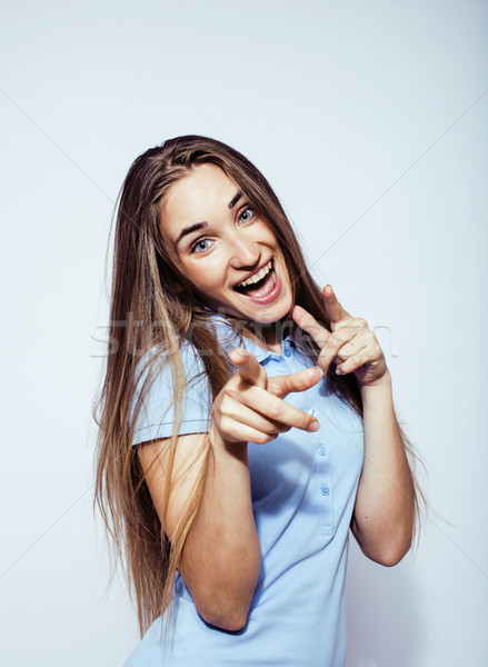 Stock photo: young pretty stylish hipster girl posing emotional isolated on white background happy smiling cool s