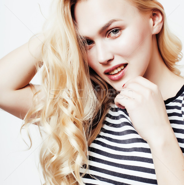 young pretty stylish hipster girl posing emotional isolated on white background happy smiling cool s Stock photo © iordani