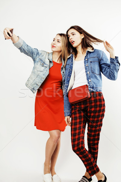 Stock photo: best friends teenage girls together having fun, posing emotional on white background, besties happy 