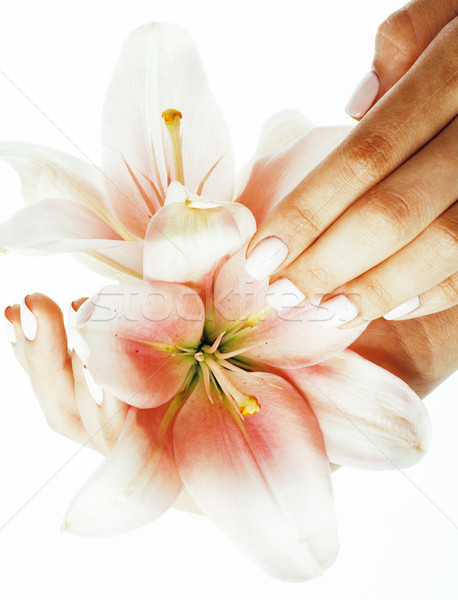 Schönheit Hände Maniküre halten Blume Lilie Stock foto © iordani