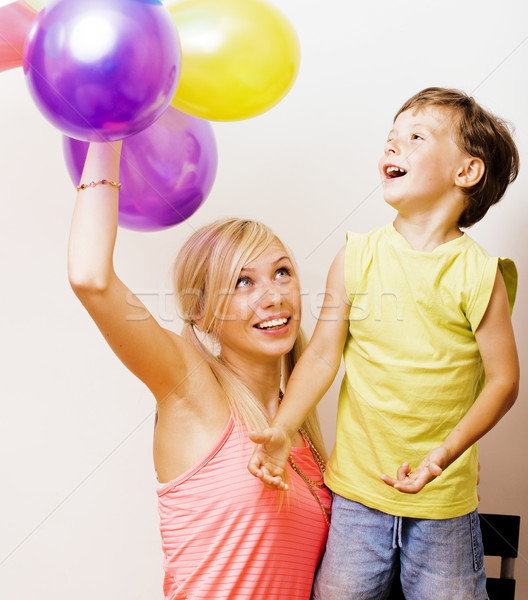 pretty real family with color balloons on white background, blon Stock photo © iordani