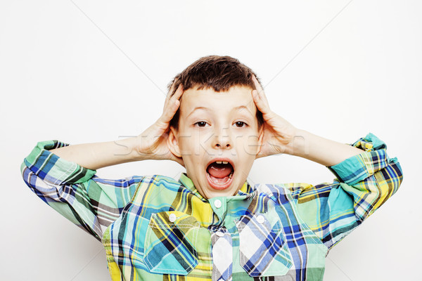young pretty little boy kid wondering, posing emotional face isolated on white background, gesture h Stock photo © iordani