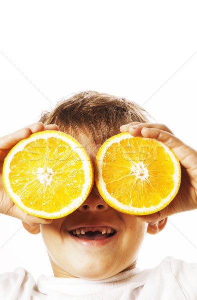 Peu cute garçon fruits orange doubler isolé Photo stock © iordani