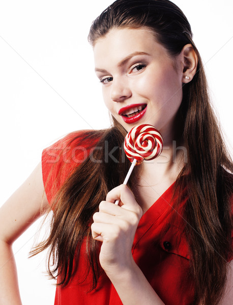Zdjęcia stock: Młodych · dość · brunetka · dziewczyna · czerwony · candy