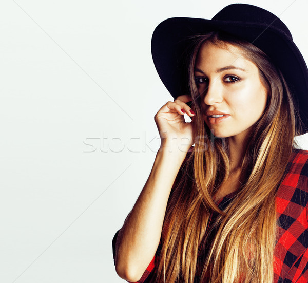 young pretty brunette girl hipster in hat on white background casual close up dreaming smiling Stock photo © iordani