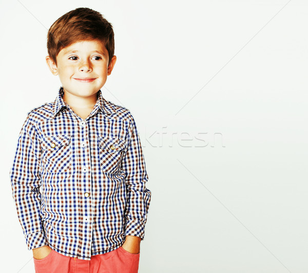 young pretty little cute boy kid wondering, posing emotional fac Stock photo © iordani