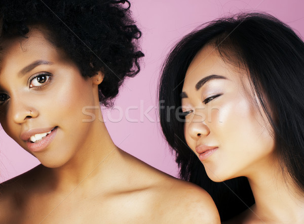 different nation girls with diversuty in skin, hair. Asian, african american cheerful emotional posi Stock photo © iordani