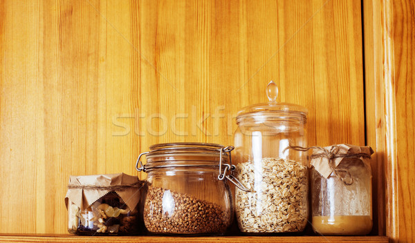 real comfort wooden kitchen with breakfast ingredients close up  Stock photo © iordani