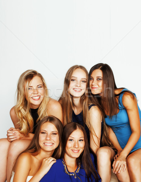 many girlfriends hugging celebration on white background, smilin Stock photo © iordani
