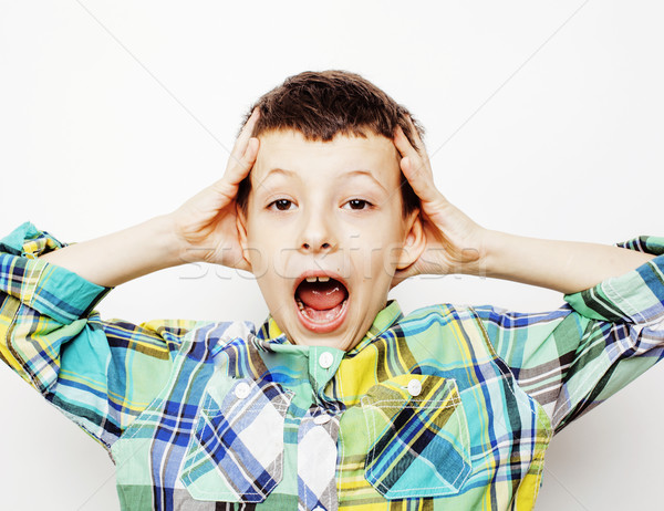 young pretty little cute boy kid wondering, posing emotional face isolated on white background, gest Stock photo © iordani