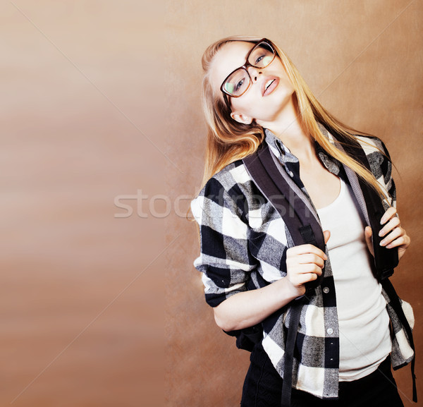 young happy smiling hipster blond girl with backpack ready to sc Stock photo © iordani