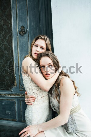 Kettő csinos iker lánytestvér szőke fürtös Stock fotó © iordani