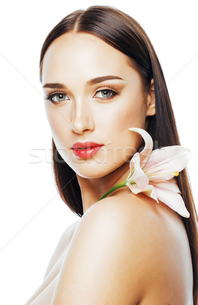 young attractive lady close up with hands on face isolated flowe Stock photo © iordani