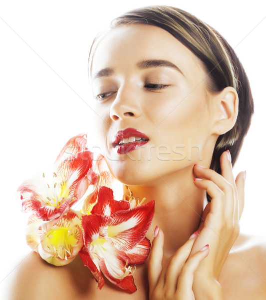 young pretty brunette woman with red flower amaryllis close up i Stock photo © iordani