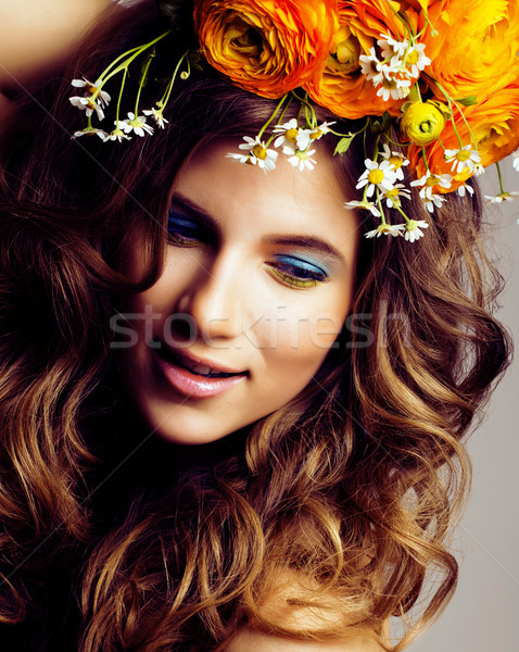 Beauty young woman with flowers and make up close up, real sprin Stock photo © iordani