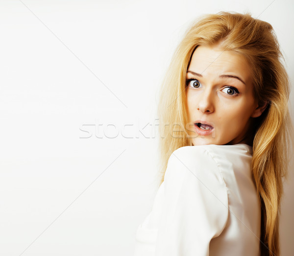 Stock photo: young blond woman on white backgroung gesture thumbs up, isolate