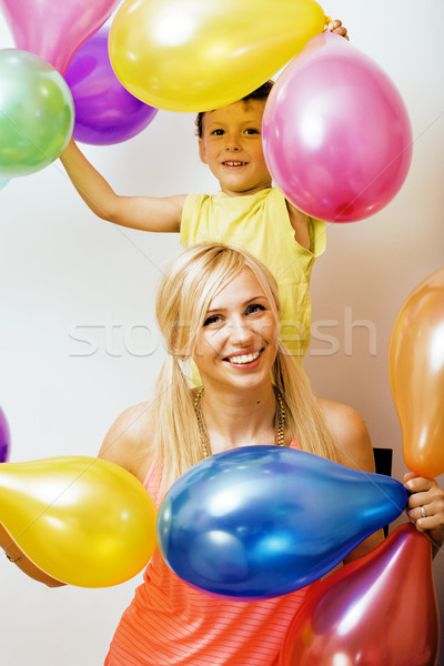 pretty real family with color balloons on white background, blon Stock photo © iordani