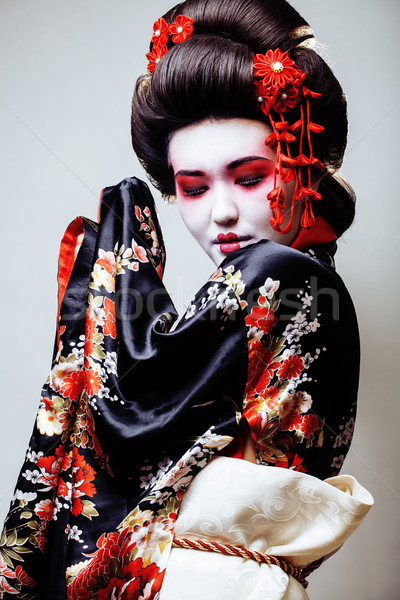 Stockfoto: Jonge · mooie · geisha · zwarte · kimono · sakura