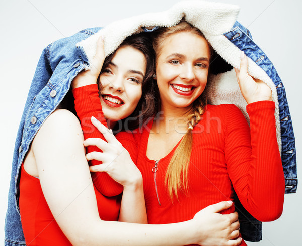 lifestyle and people concept: Fashion portrait of two stylish sexy girls best friends, over white ba Stock photo © iordani
