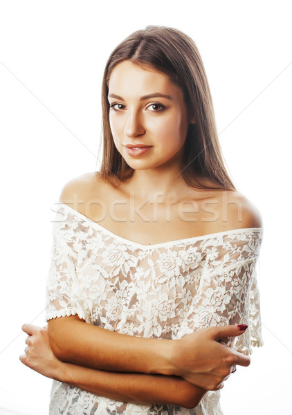 Fiatal szépség nő mosolyog álmodik izolált fehér Stock fotó © iordani