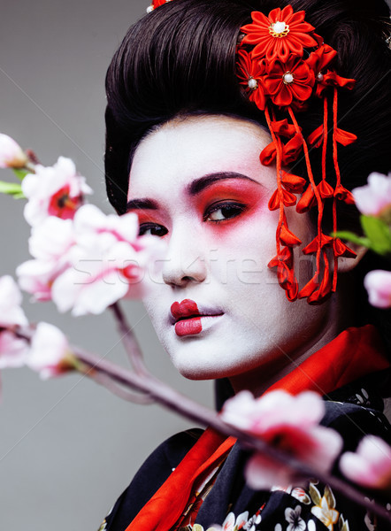 [[stock_photo]]: Jeunes · joli · geisha · noir · kimono · sakura