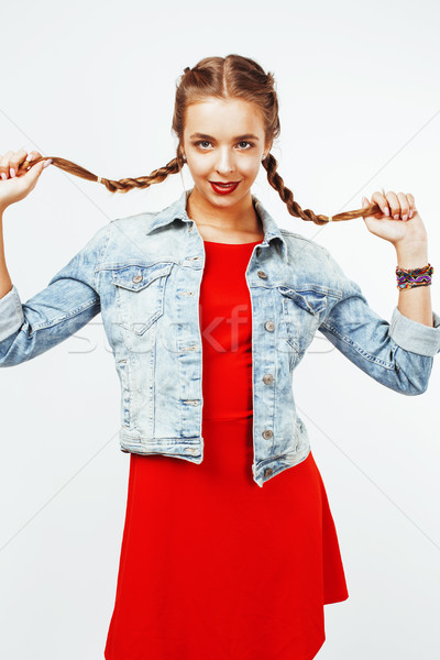 young pretty stylish hipster blond girl with pigtails posing emotional isolated on white background  Stock photo © iordani