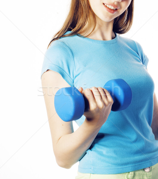 young pretty slim blond woman with dumbbell isolated cheerful smiling, measuring herself, diet peopl Stock photo © iordani