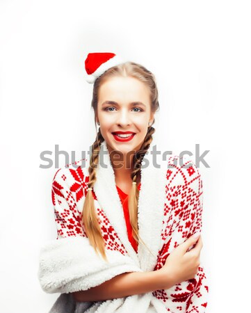 young pretty happy smiling blond woman on christmas in santas red hat and holiday decorated plaid, l Stock photo © iordani