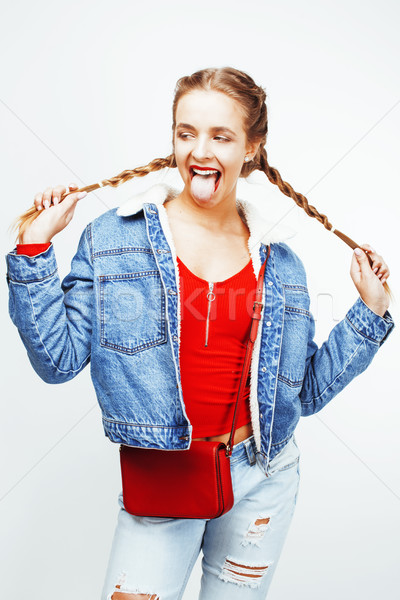 young pretty stylish hipster blond girl with pigtails posing emotional isolated on white background  Stock photo © iordani