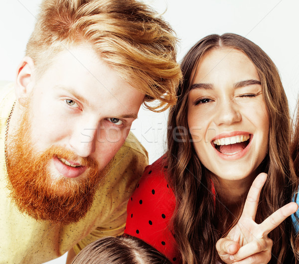 young attractive couple together having fun happy smiling isolated on white background, emotional po Stock photo © iordani