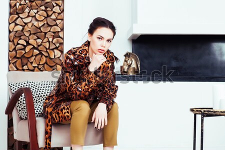 pretty stylish woman in fashion dress with leopard print together in luxury rich room interior, life Stock photo © iordani