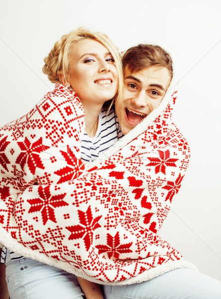young pretty teenage couple, hipster guy with his girlfriend happy smiling and hugging isolated on w Stock photo © iordani