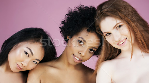 three different nation girls with diversuty in skin, hair. Asian, scandinavian, african american che Stock photo © iordani
