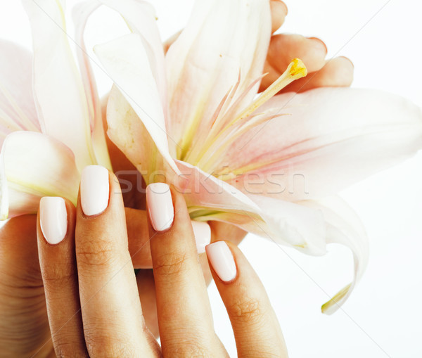 beauty delicate hands with manicure holding flower lily close up isolated on white Stock photo © iordani