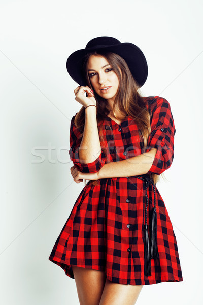 young pretty brunette girl hipster in hat on white background casual close up dreaming smiling. real Stock photo © iordani