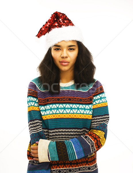 cute young girl in santas red hat isolated Stock photo © iordani