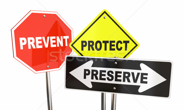 Stock photo: Prevent Protect Preserve Road Street Signs Safety Security 3d Il