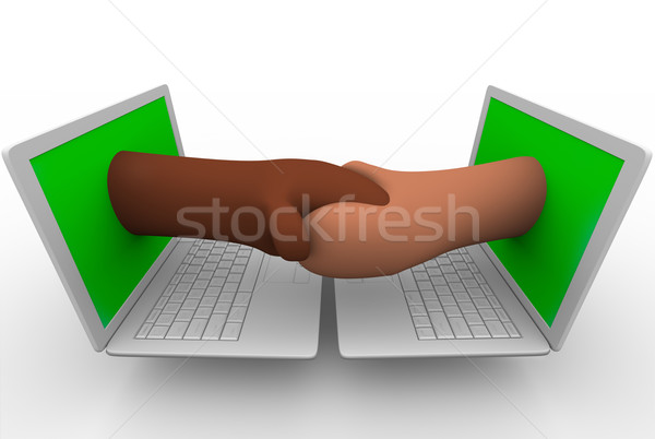 Strângere de mână laptop Calculatoare doua mâini tehnologie Imagine de stoc © iqoncept