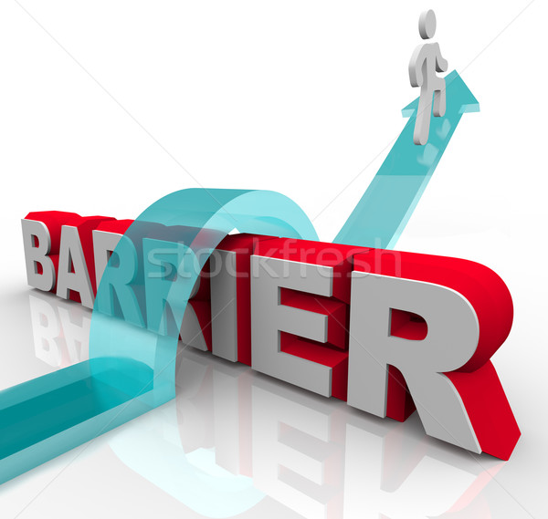 Jumping Over Barriers - Man Rides Arrow Over Word Stock photo © iqoncept